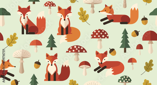 Fox Pattern Vector with Mushroom and Tree Modern Style Illustration