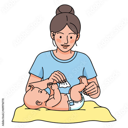 vector illustration of a mother changing her baby's diaper. Plain white background
