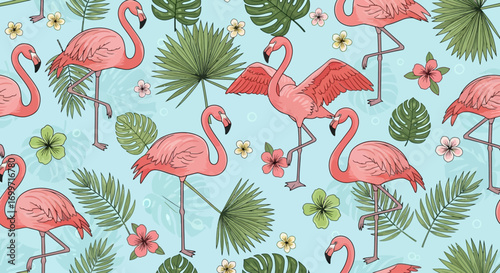 Pattern Design Vector with Flamingo Illustration and Tropical Leaves in Pink and Green Colors for Summer Design