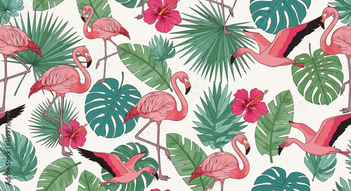 Tropical Vector Pattern with Flamingo Birds Hibiscus Flowers and Lush Green Leaves in a Decorative Style