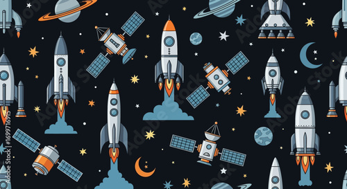 Space Vector Pattern with Rocket Spaceship Planet and Satellite Design Modern Style