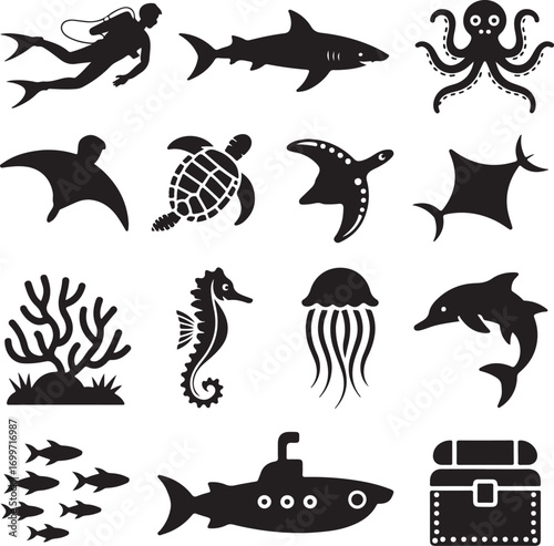 Collection of underwater sea life and nautical exploration icons Keywords: scuba diver, shark