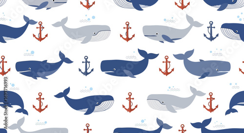 Pattern Design Vector with Whale and Anchor Marine Elements in Blue Gray Palette Seamless Maritime Illustration Nautical Theme Vector