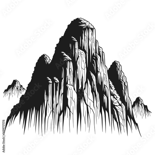 Black and white vector illustration of Chinese karst mountains. Plain white background.