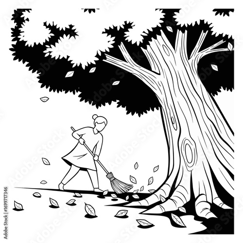Black and white  vector illustration of a person sweeping under a tree.  Plain white background.
