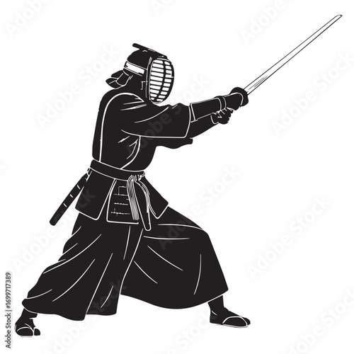 Black kendo japan samurai swordsmanship Silhouette Vector, High Quality Illustration on White Background