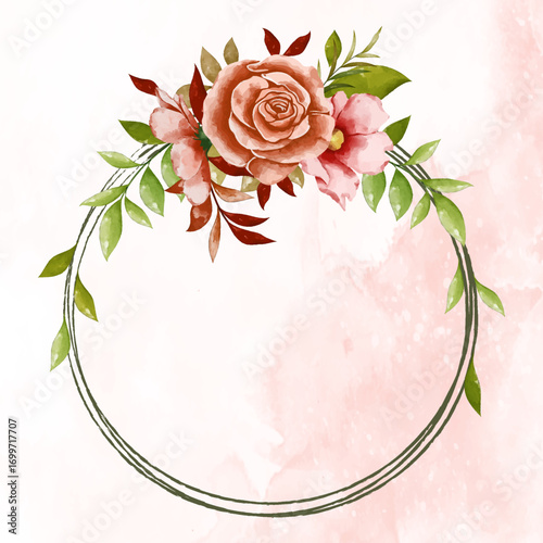 Elegant watercolor floral wreath with rose and greenery on soft pink background