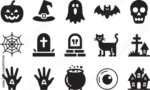 Spooky Halloween Icons for Festive Designs and Holiday Greetings