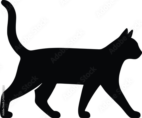 silhouette, walking cat, tail up, side profile