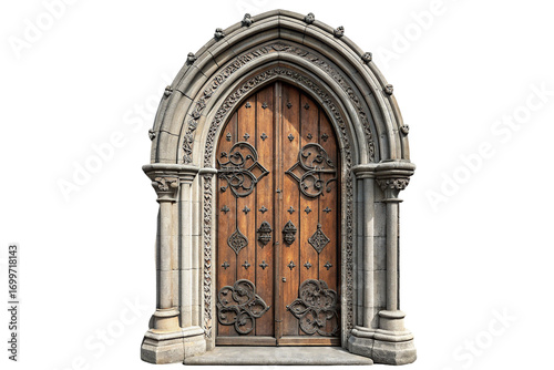 Medieval wooden door with ornate stone archway and intricate gothic wrought iron design elements