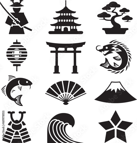 Japanese Culture Icons Set Samurai Pagoda Bonsai Tree Lantern Torii Gate Keywords: japan, japanese