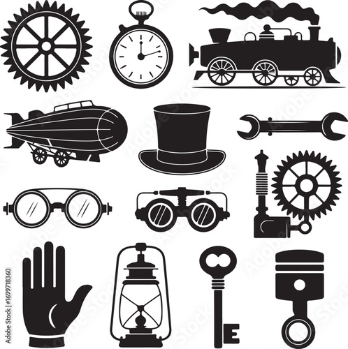 Steampunk Icons Set Gear Pocket Watch Steam Train Blimp Top Hat Keywords: steampunk, icon, set