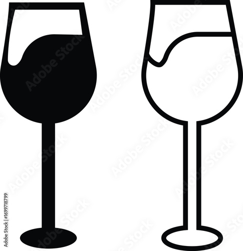 Wine glass icon set collection group in black flat and line style, beverage drink goblet cup symbol bundle, alcohol bar cocktail champagne liquor illustration, isolated on transparent background vecto