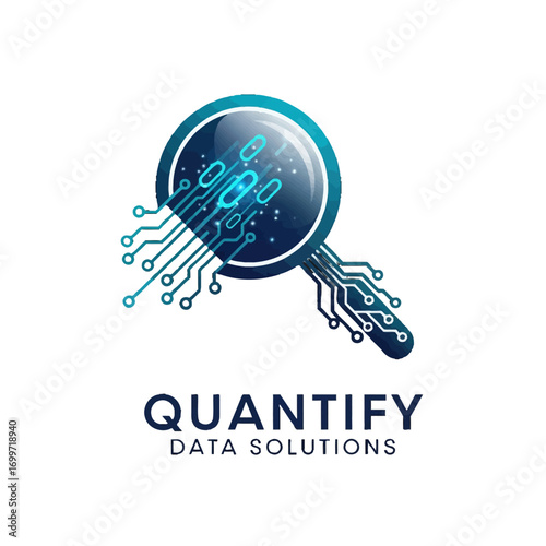 Digital magnifying glass with circuit patterns symbolizing data analysis and technology solutions