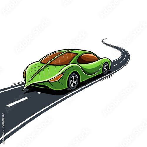 Futuristic green car with leaf design driving on a winding road, symbolizing eco-friendly transport