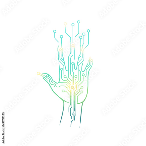 Futuristic hand with circuit patterns symbolizing technology and innovation in a digital landscape