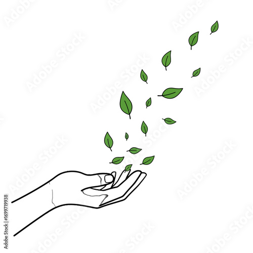 Hand releasing green leaves into the air, symbolizing nature's growth and environmental care