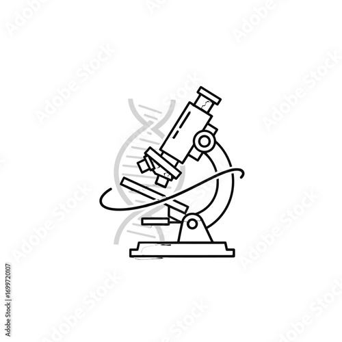 Illustration of a microscope focusing on DNA strands, symbolizing scientific research and discovery