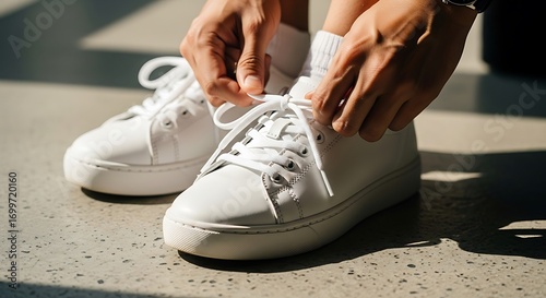 Tying White Sneakers A Close-Up View of Clean Minimalist Footwear