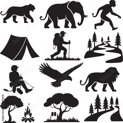 Outdoor Adventure and Wildlife Silhouette Icons Set Keywords: adventure, outdoor, wildlife, safari