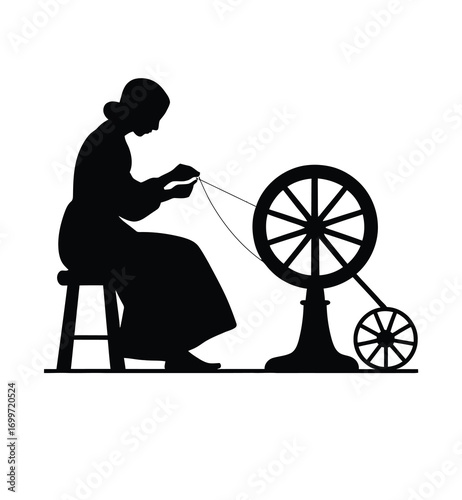 Silhouette of Woman Spinning Yarn on Spinning Wheel – Traditional Handcraft Illustration