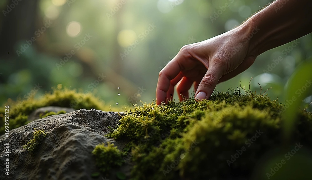 Fototapeta premium Human hand gently touching fresh green moss on a rock in the forest, with sunlight bokeh background. Symbol of connection with nature, freshness, sustainability, and mindfulness