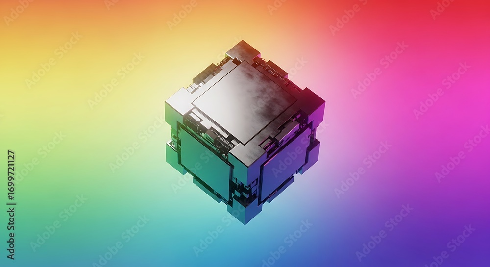 Fototapeta premium Cybernetic Cube Floating Against Radiant Gradient, Technology Concept