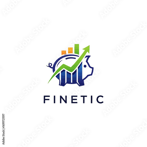 Logo design featuring a stylized piggy bank with a growing graph and upward arrow representing finance