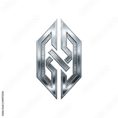 Metallic logo design featuring geometric shapes, reflecting light, suitable for branding and marketing