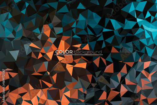 A modern digital background featuring a dynamic contrast of cool blue and warm orange tones in a complex geometric low polygon pattern