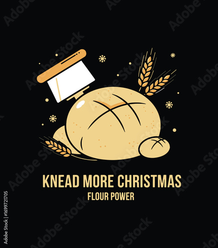 Knead More Christmas – Funny Baking Pun T‑Shirt with Bread Dough, Bench Scraper and Wheat
