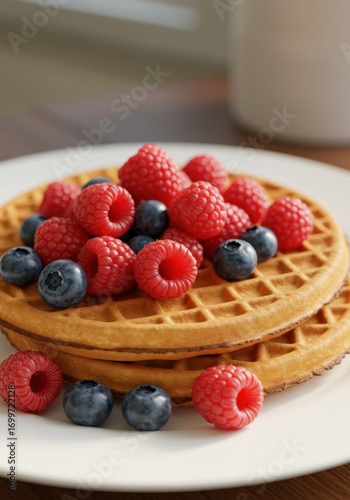 Golden Waffles Topped with Raspberries and Blueberries