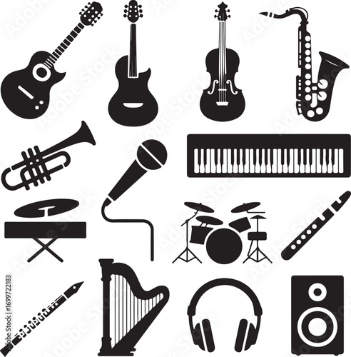Musical Instruments Icons With Guitars Saxophone Drums And Piano Keywords: guitar, acoustic