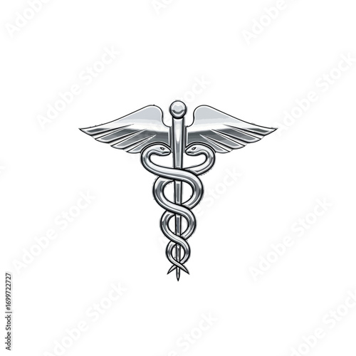 Silver caduceus symbol representing medicine and healthcare with wings and entwined snakes