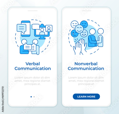 Different communication types blue onboarding mobile app screen. Walkthrough 2 steps editable graphic instructions with linear concepts. UI, UX, GUI. Montserrat SemiBold, Regular fonts used