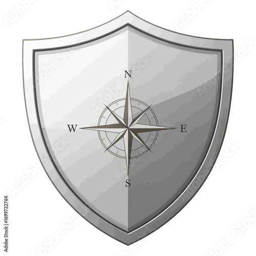 Silver shield emblem featuring a compass rose indicating cardinal directions, suitable for navigation themes