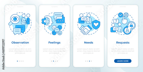 Conflict resolution blue onboarding mobile app screen. Social networking. Walkthrough 4 steps editable graphic instructions with linear concepts. UI, UX, GUI. Montserrat SemiBold, Regular fonts used