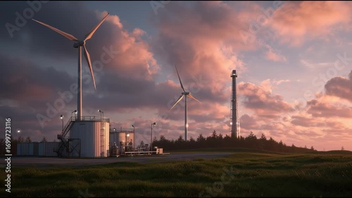 Hybrid system of wind turbines and carbon capture units in rural areas during the evening, cinematic lighting.