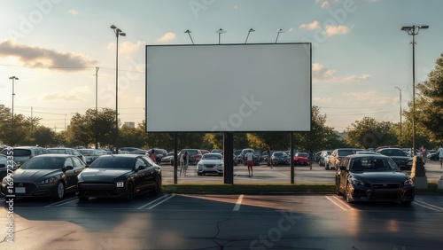 Blank Billboard Overlooking a Busy Parking Lot at Sunset