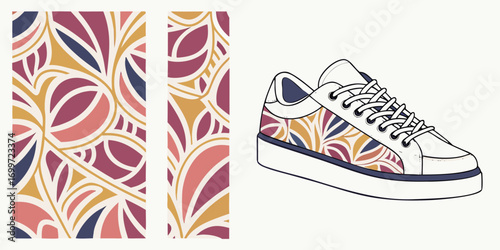 Abstract floral pattern on a sneaker and fabric swatch