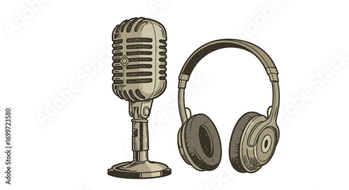 Vintage microphone and modern headphones on a white background, symbolizing music and audio technology