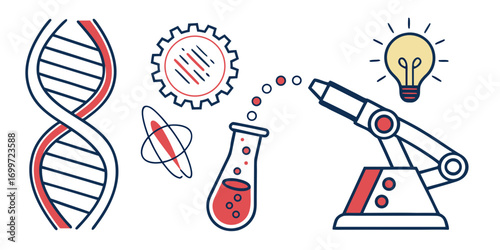 Science and innovation concept with dna, robot arm, and lightbulb