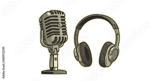 Vintage microphone and modern headphones side by side, symbolizing music and audio technology