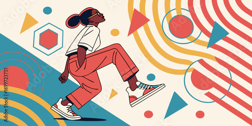 Woman in orange pants with geometric shapes and wavy lines