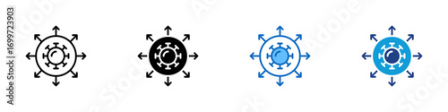 Virus Spread Multiple Style Icon Sheet Design Vector - Virus cell with arrows pointing outward, symbolizing infection spread, transmission, or epidemic growth