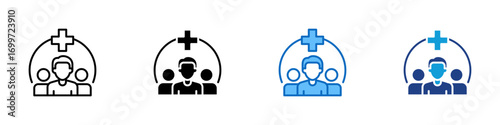 Health Group Multiple Style Icon Sheet Design Vector - Group of people under medical cross, representing healthcare team, public health, or medical community