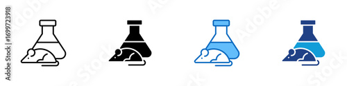 Lab Animal Multiple Style Icon Sheet Design Vector - Laboratory flask with mouse, symbolizing animal testing, biomedical research, or experimental trial