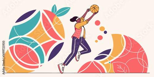 Woman playing basketball with abstract colorful shapes in background