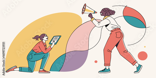 Woman using megaphone to communicate with another person holding tablet