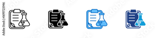 Lab Report Multiple Style Icon Sheet Design Vector - Clipboard with laboratory flask, representing chemical experiments, lab documentation, or scientific research